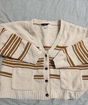 Supplies Cardigan Sweater Size L Cream Brown Striped Chenille Pockets